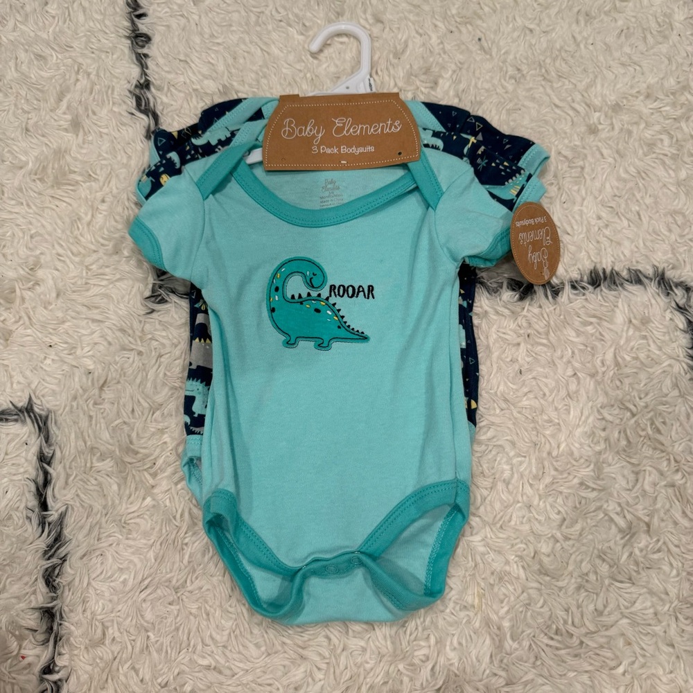 NWT Baby Elements Bundle of Baby Boy 3 pack blue dinosaur onesies -3-6 months